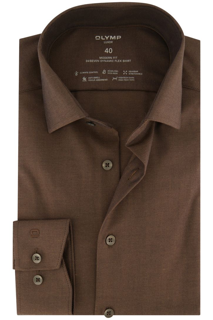 Olymp business overhemd Luxor Modern Fit bruin katoen, stretch