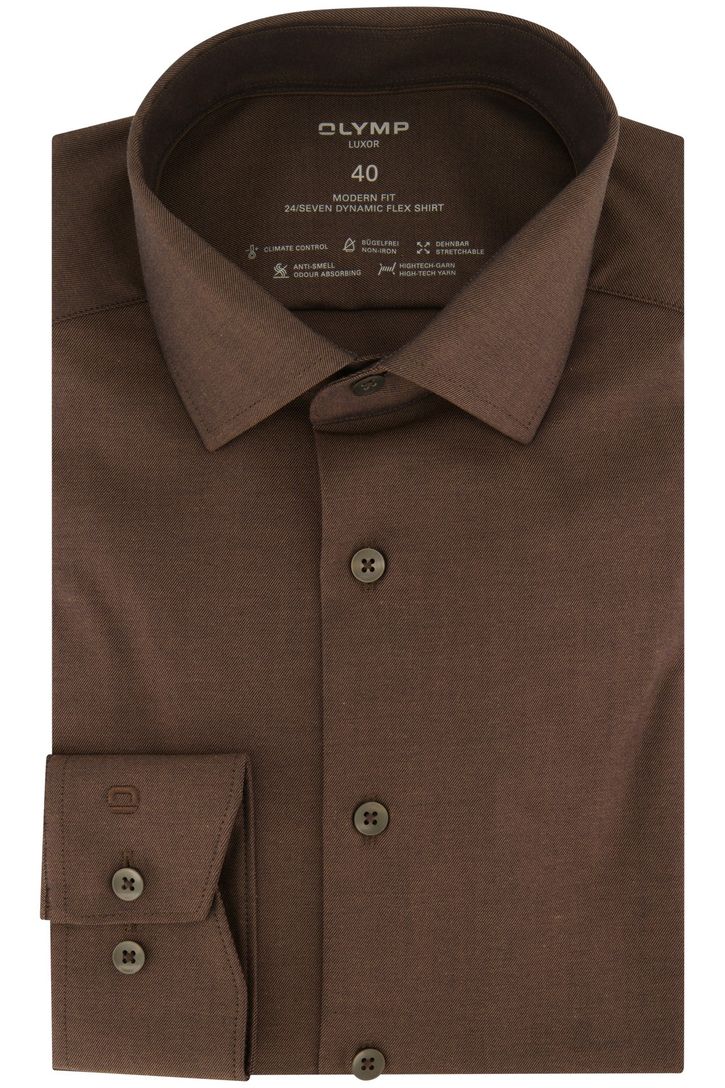 Olymp business overhemd Luxor Modern Fit bruin katoen, stretch