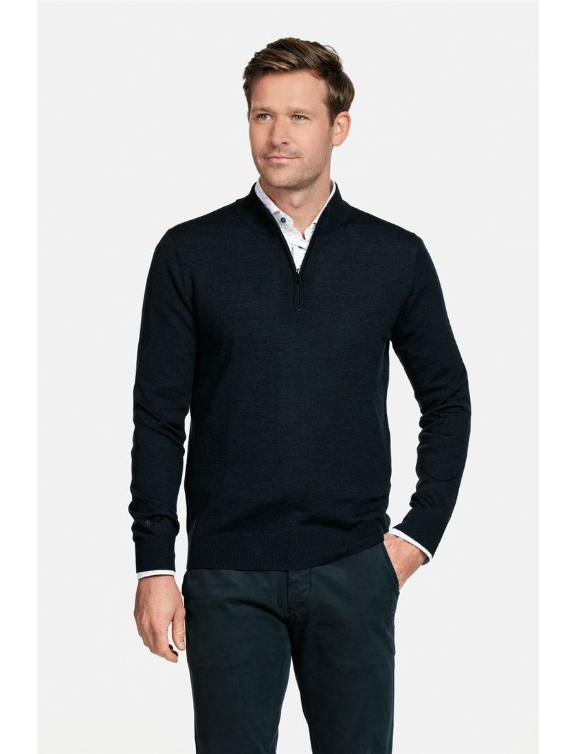 Thomas Maine trui navy half-zip effen normale fit wol