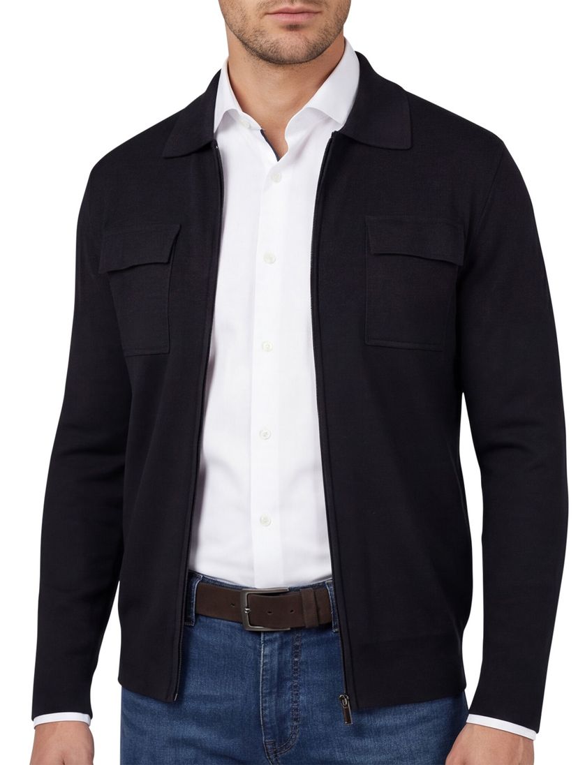 Thomas Maine gebreid vest donkerblauw borstzakken wol normale fit