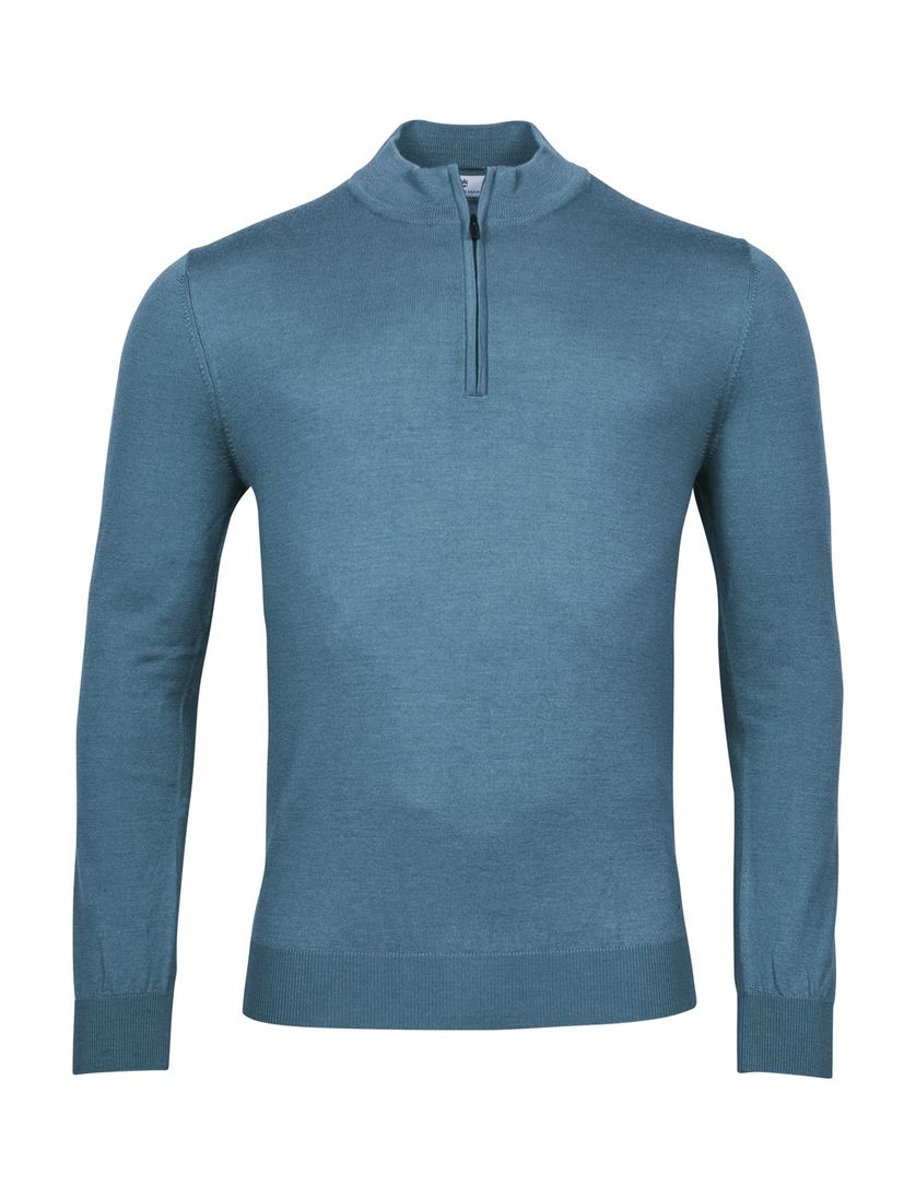 Thomas Maine trui blauw half-zip met rits normale fit wol