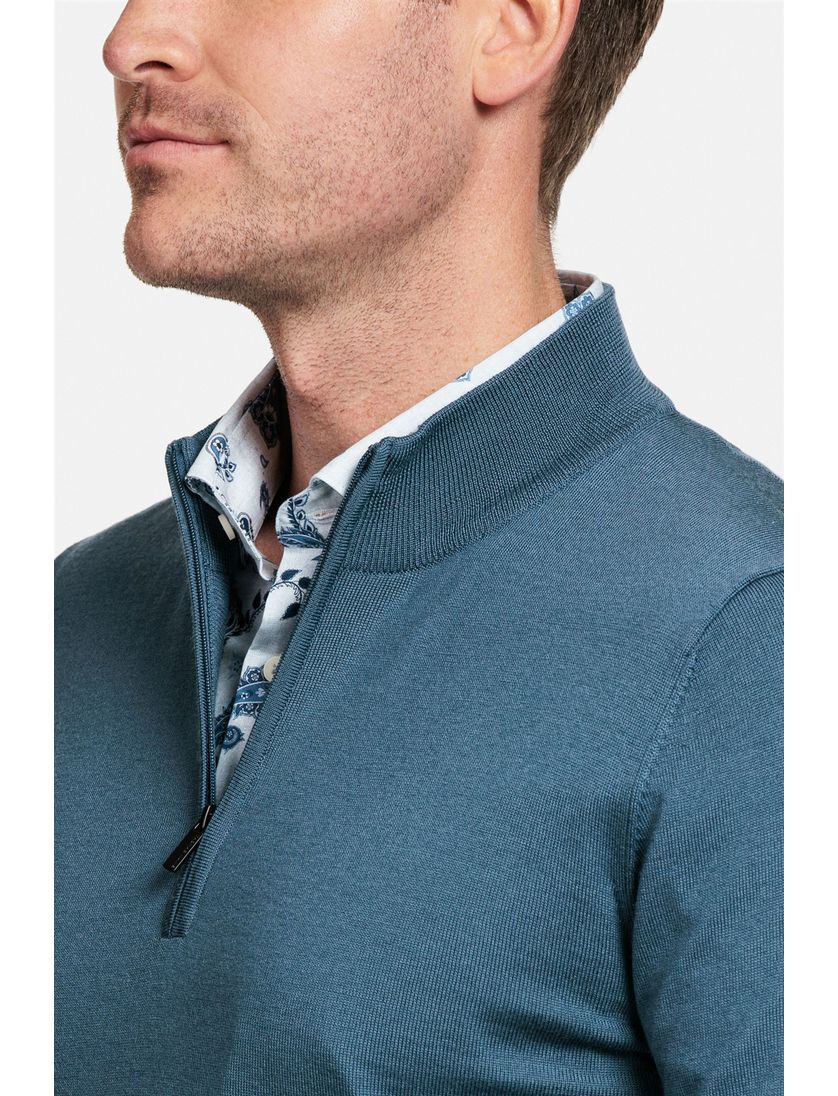Thomas Maine trui blauw half-zip met rits normale fit wol
