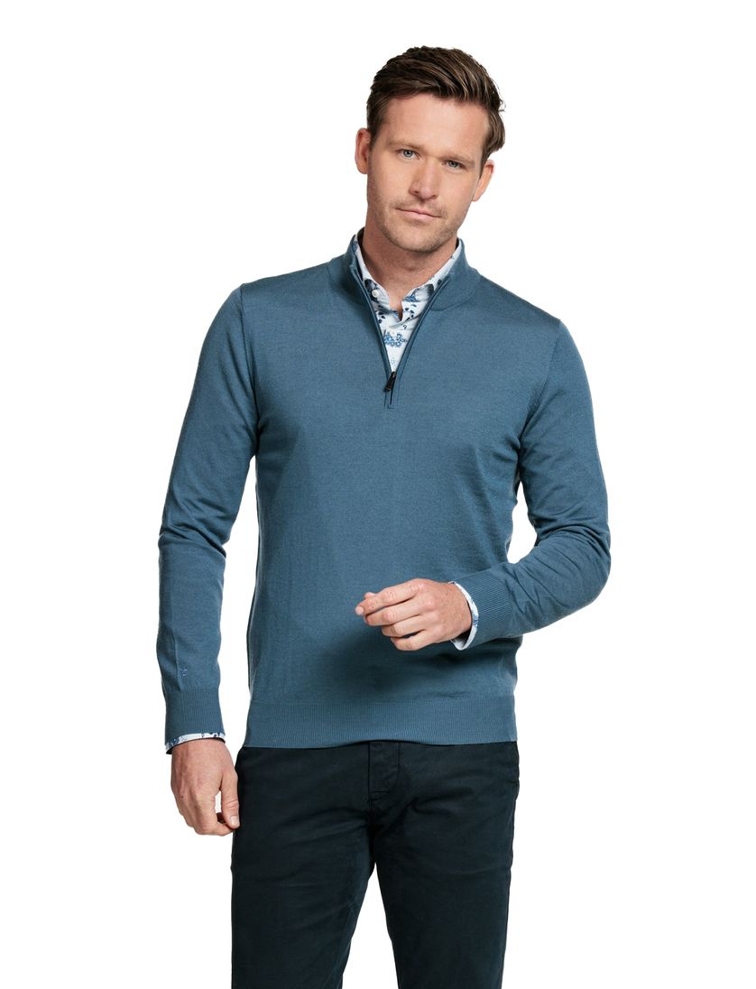 Thomas Maine trui blauw half-zip met rits normale fit wol