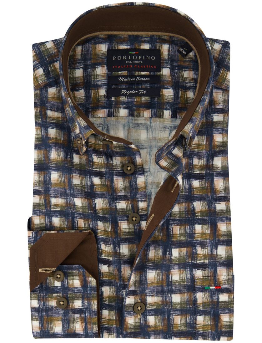 Portofino Regular Fit overhemd donkerblauw geprint geruit