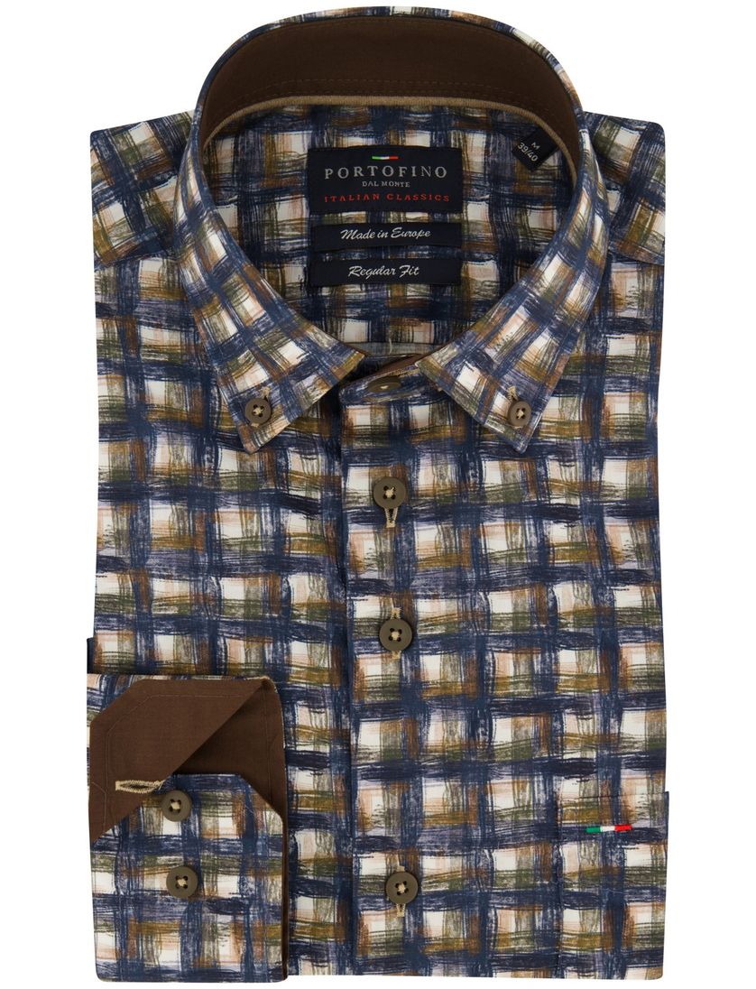 Portofino Regular Fit overhemd donkerblauw geprint geruit