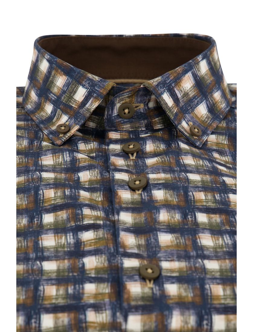 Portofino Regular Fit overhemd donkerblauw geprint geruit