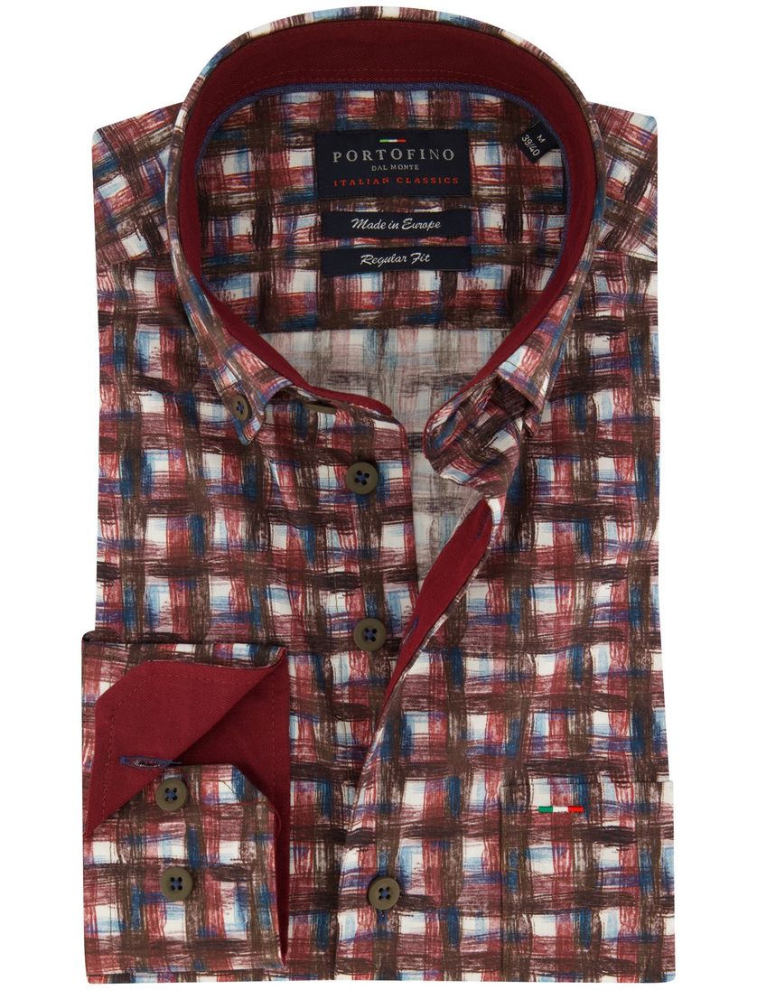 Portofino Regular FIt overhemd rood bruin geprint geruit
