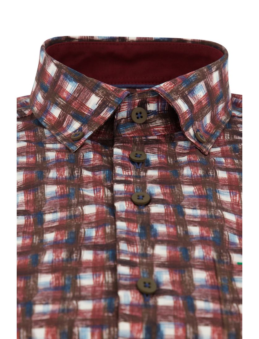 Portofino Regular FIt overhemd rood bruin geprint geruit