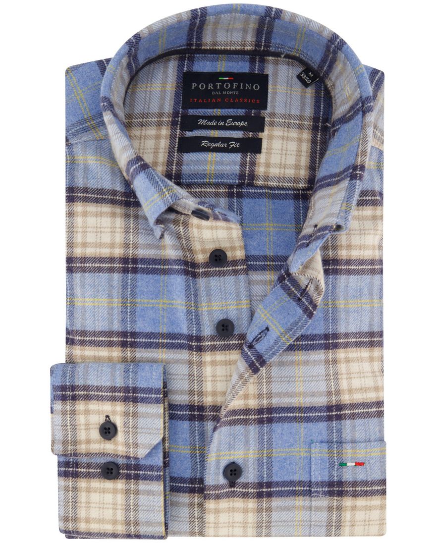 Portofino wijde fit overhemd blauw geruit flanel