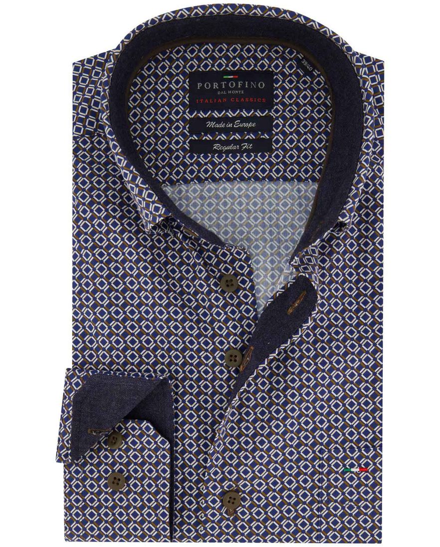 Portofino Regular Fit overhemd blauw wit en bruin geprint