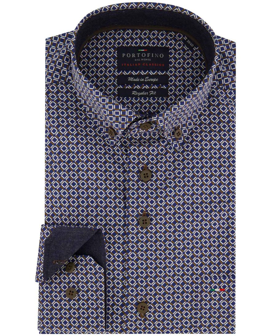 Portofino Regular Fit overhemd blauw wit en bruin geprint
