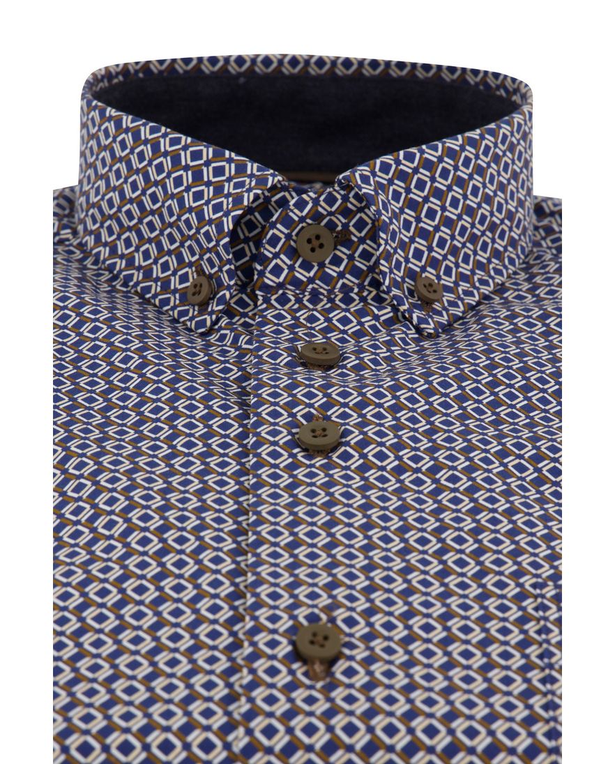 Portofino Regular Fit overhemd blauw wit en bruin geprint