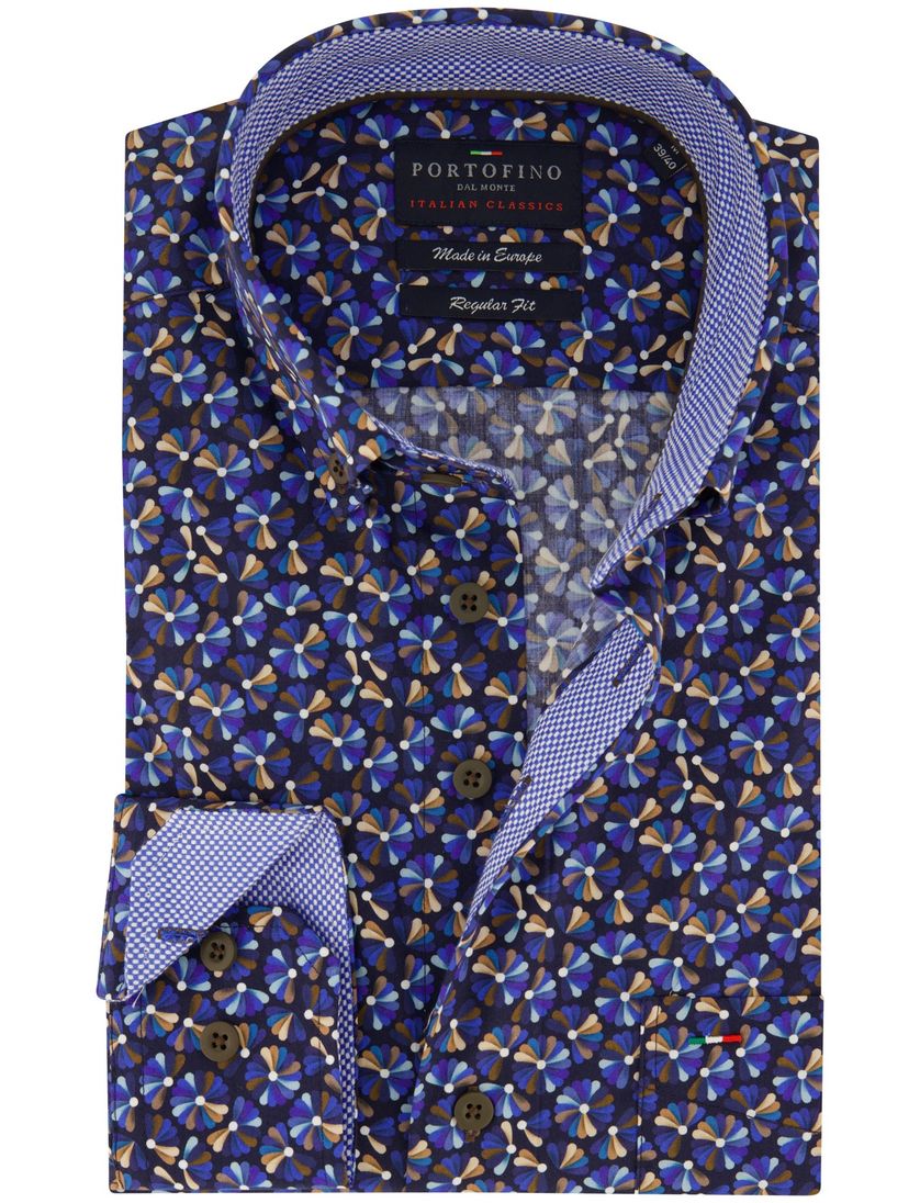 Portofino overhemd blauw geprint wijde fit