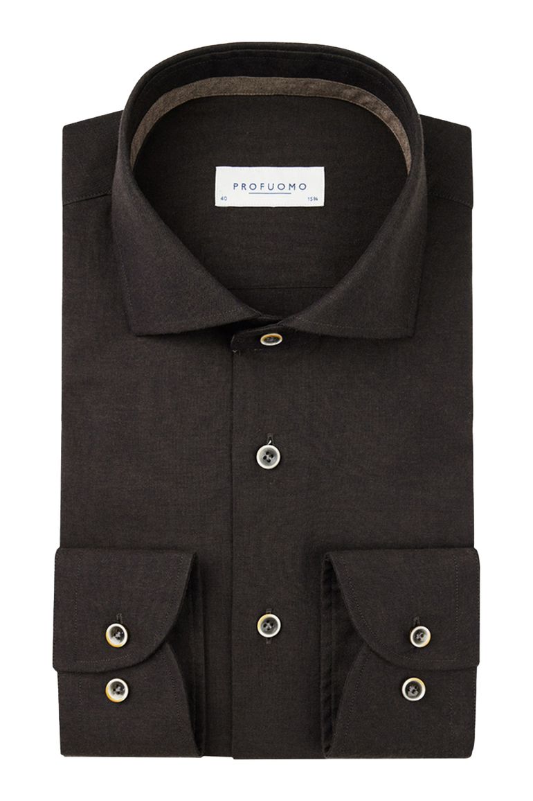business overhemd Profuomo bruin effen katoen slim fit