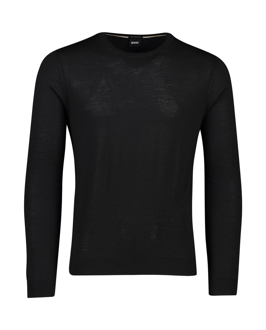 BOSS Black Leno-P trui ronde hals 100% wol zwart effen