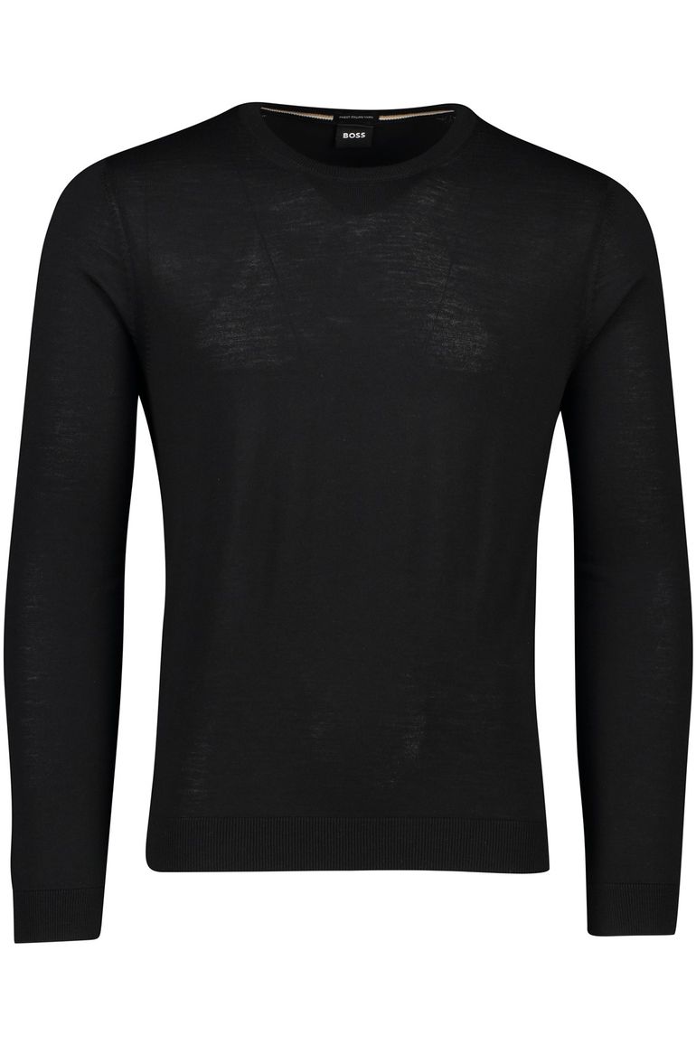 BOSS Black Leno-P trui ronde hals 100% wol zwart effen