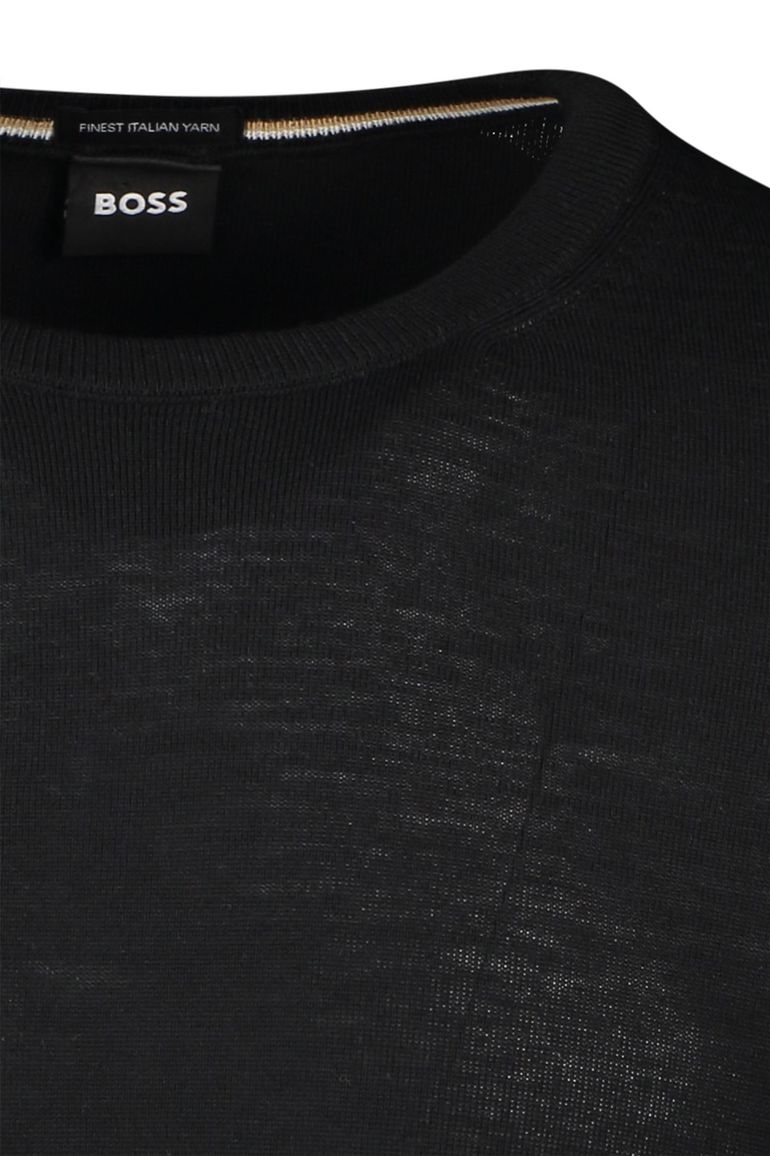 BOSS Black Leno-P trui ronde hals 100% wol zwart effen