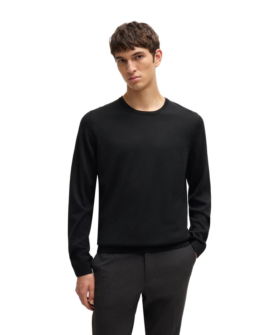 BOSS Black Leno-P trui ronde hals 100% wol zwart effen