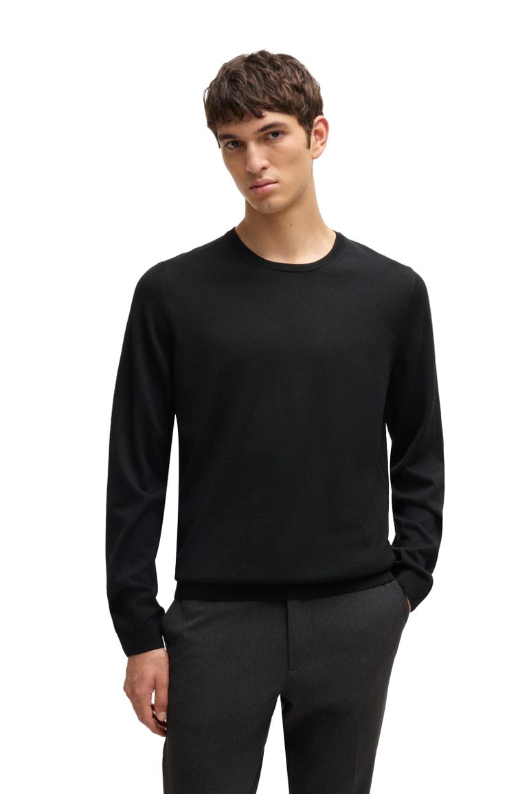 BOSS Black Leno-P trui ronde hals 100% wol zwart effen