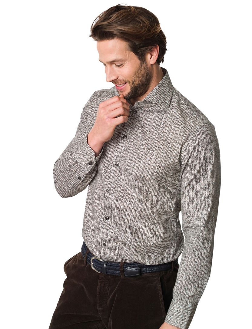 katoenen Ledub overhemd geprint bruin easy iron