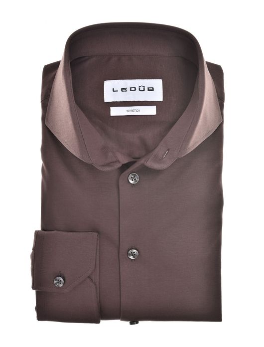 business overhemd Ledub Slim Fit bruin effen katoen slim fit