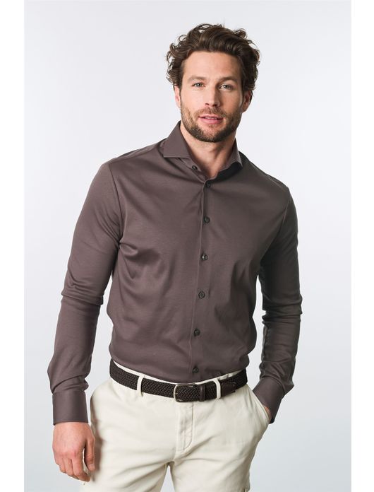 business overhemd Ledub Slim Fit bruin effen katoen slim fit