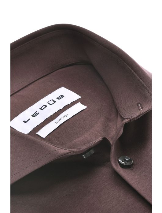 business overhemd Ledub Slim Fit bruin effen katoen slim fit