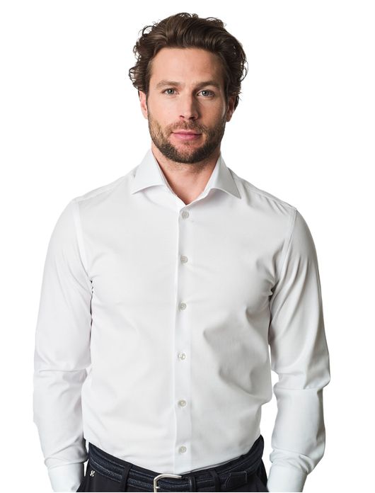 overhemd mouwlengte 7 Ledub Slim Fit wit effen katoen, polyester, stretch slim fit