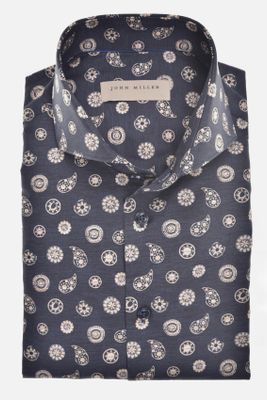 John Miller John Miller overhemd donkerblauw geprint Slim Fit Paisley