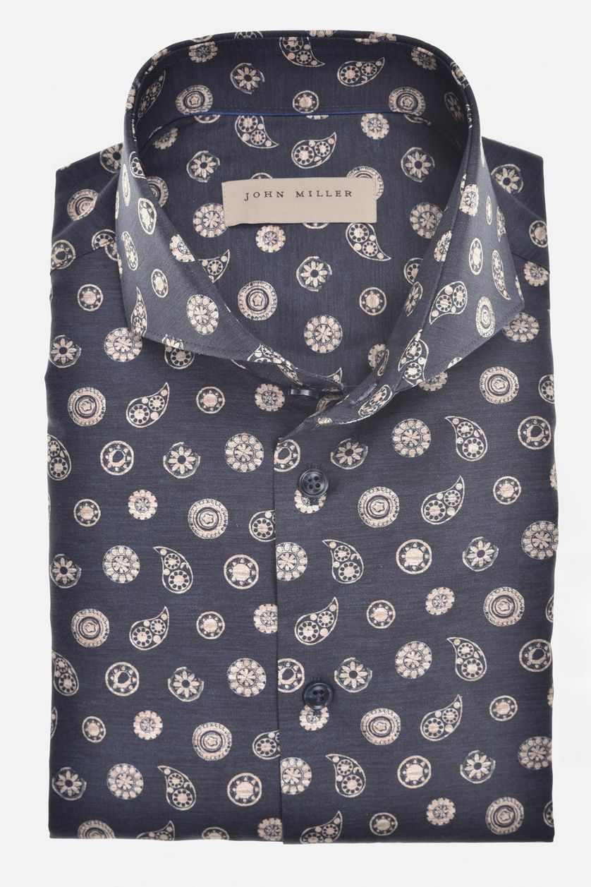 John Miller overhemd donkerblauw geprint Slim Fit Paisley