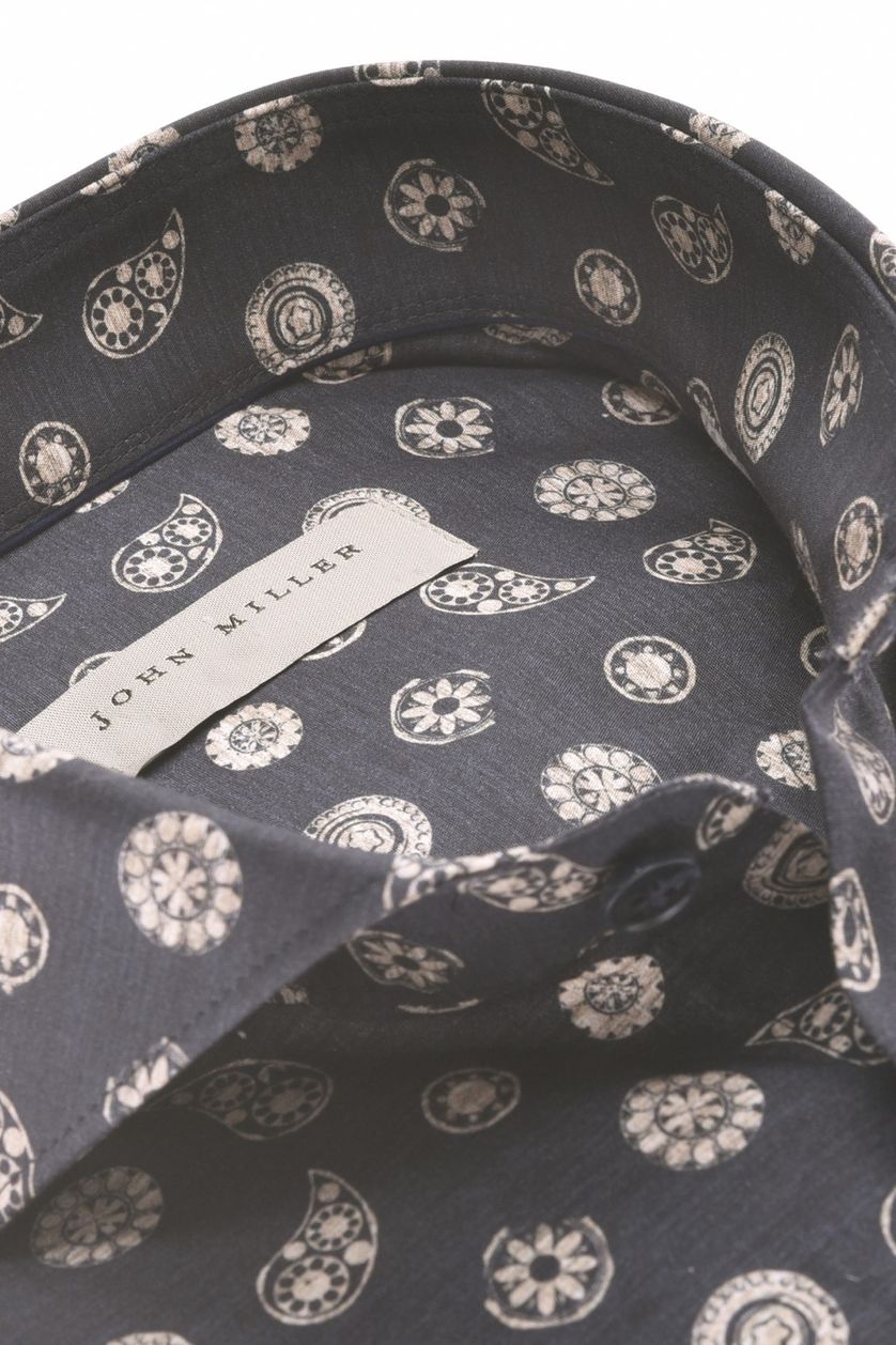 John Miller overhemd donkerblauw geprint Slim Fit Paisley