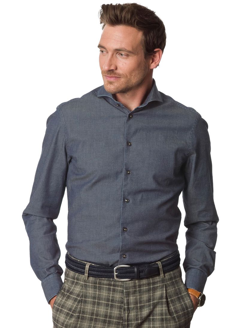 John Miller zakelijk overhemd donkerblauw gemêleerd katoen normale fit