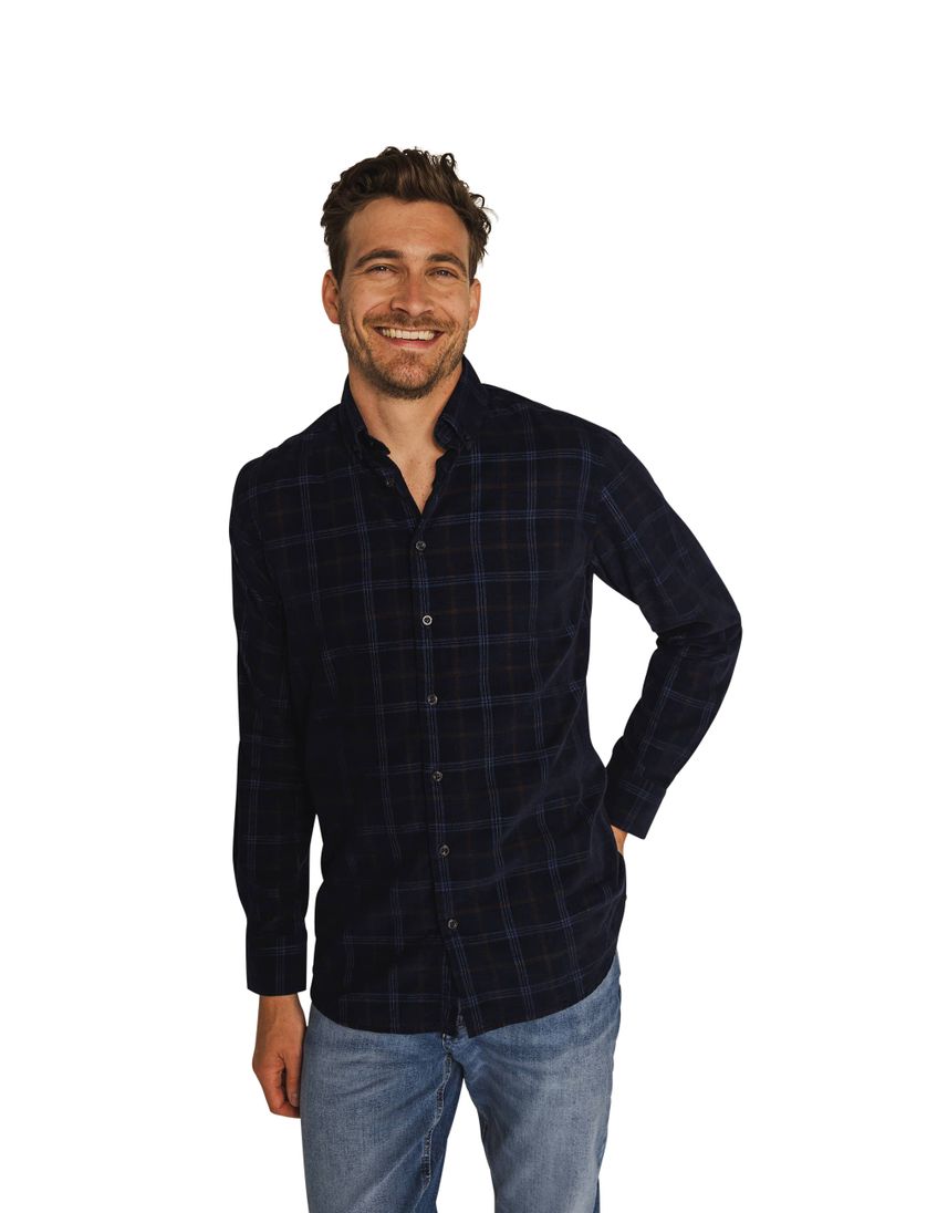 State of Art overhemd donkerblauw geruit katoen