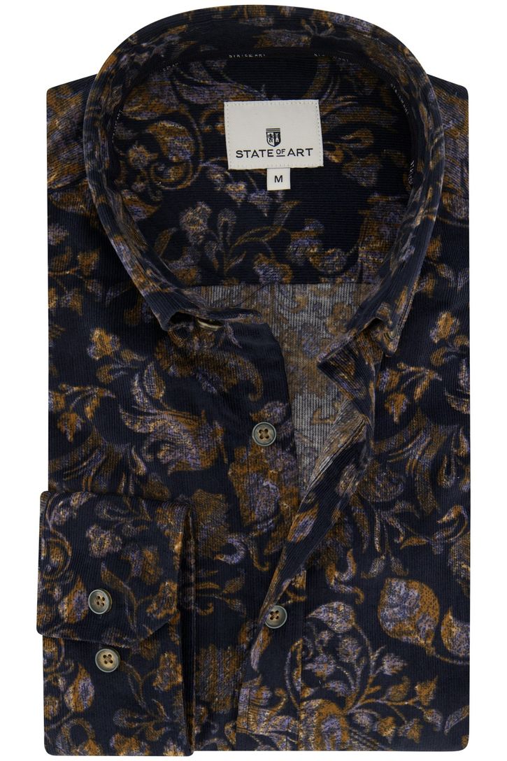 Corduroy State of Art casual overhemd donkerblauw wijde fit