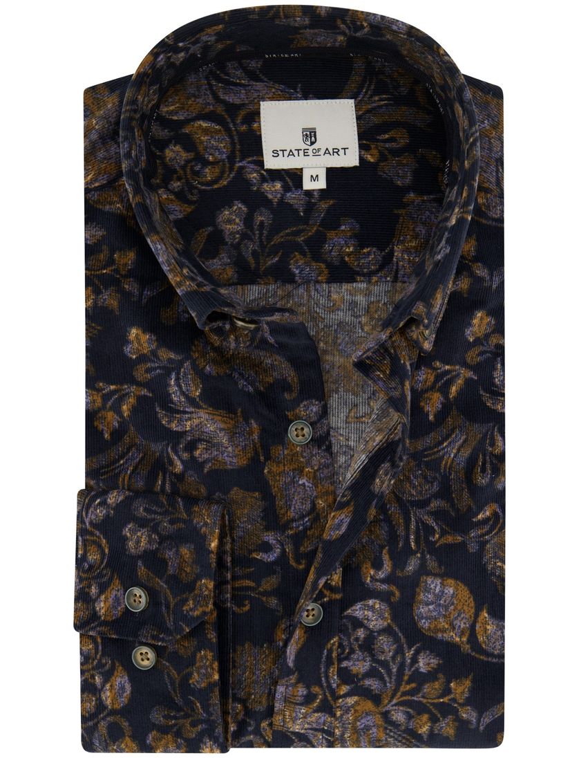 Corduroy State of Art casual overhemd donkerblauw wijde fit
