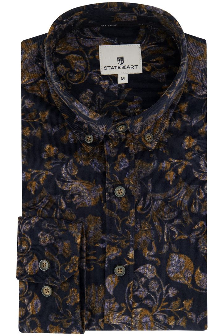 Corduroy State of Art casual overhemd donkerblauw wijde fit
