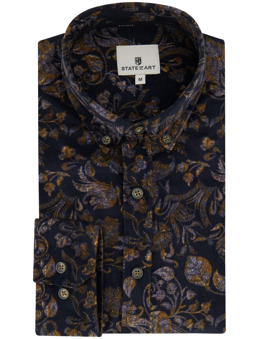 Corduroy State of Art casual overhemd donkerblauw wijde fit