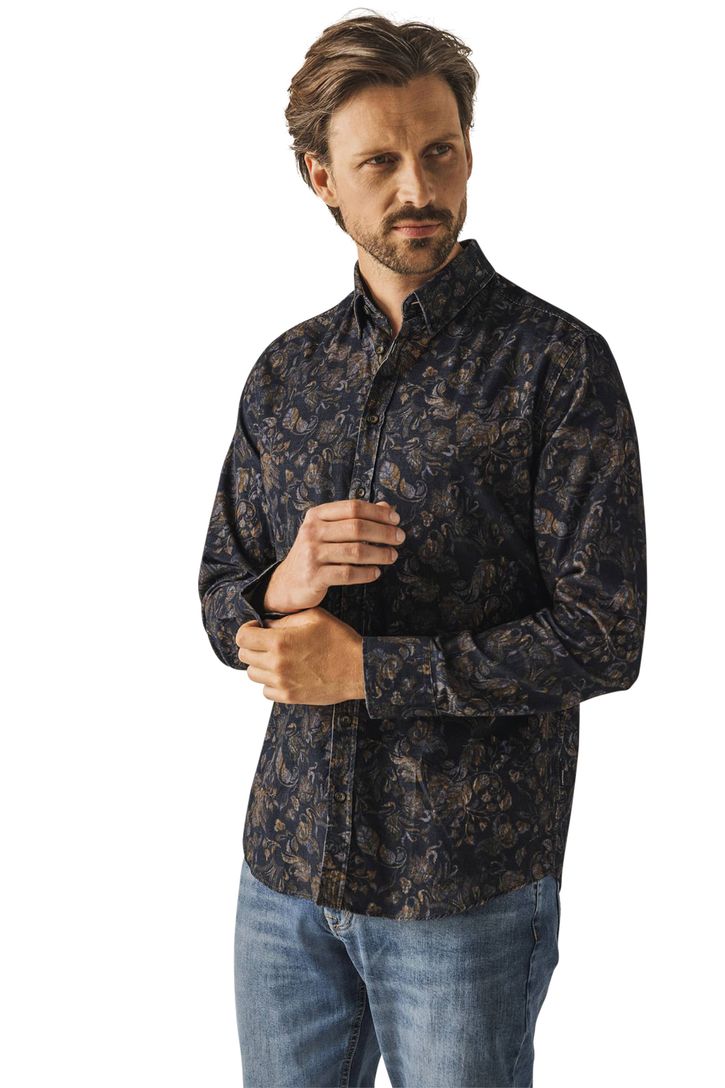 Corduroy State of Art casual overhemd donkerblauw wijde fit