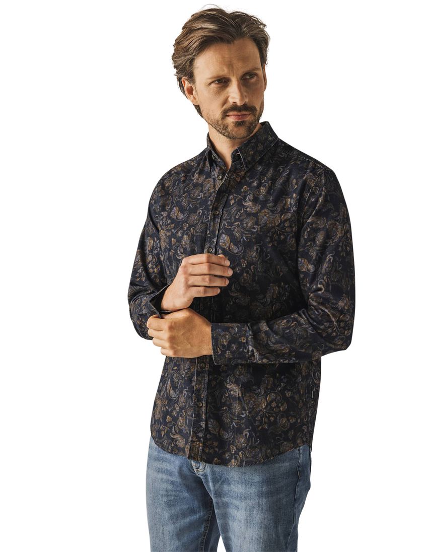 Corduroy State of Art casual overhemd donkerblauw wijde fit