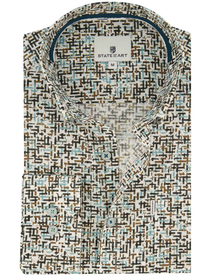 State of Art casual overhemd blauw geprint stretch wijde fit