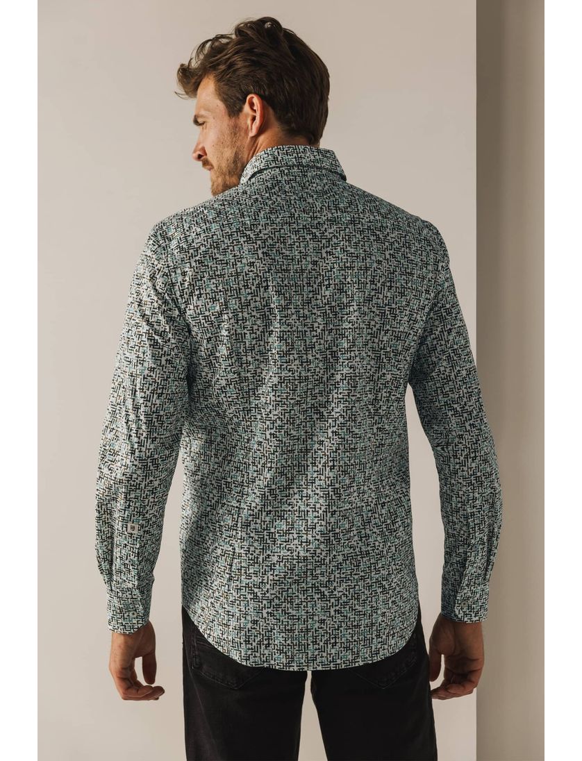 State of Art casual overhemd blauw geprint stretch wijde fit