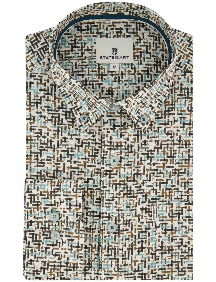 State of Art casual overhemd blauw geprint stretch wijde fit