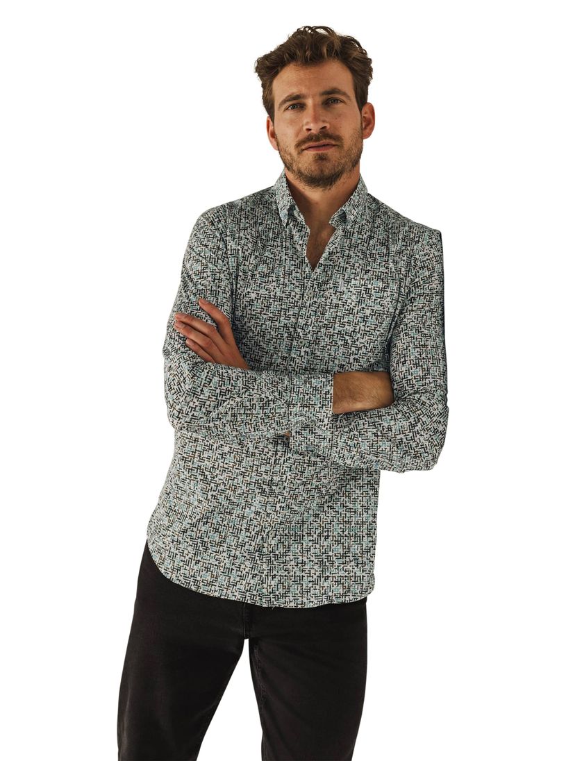 State of Art casual overhemd blauw geprint stretch wijde fit