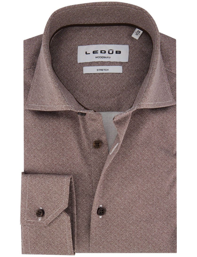 Ledub Modern Fit overhemd bruin mouwlengte 7 gemeleerd