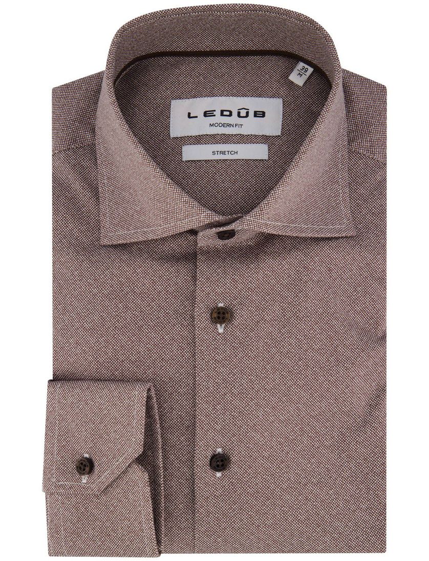 Ledub Modern Fit overhemd bruin mouwlengte 7 gemeleerd
