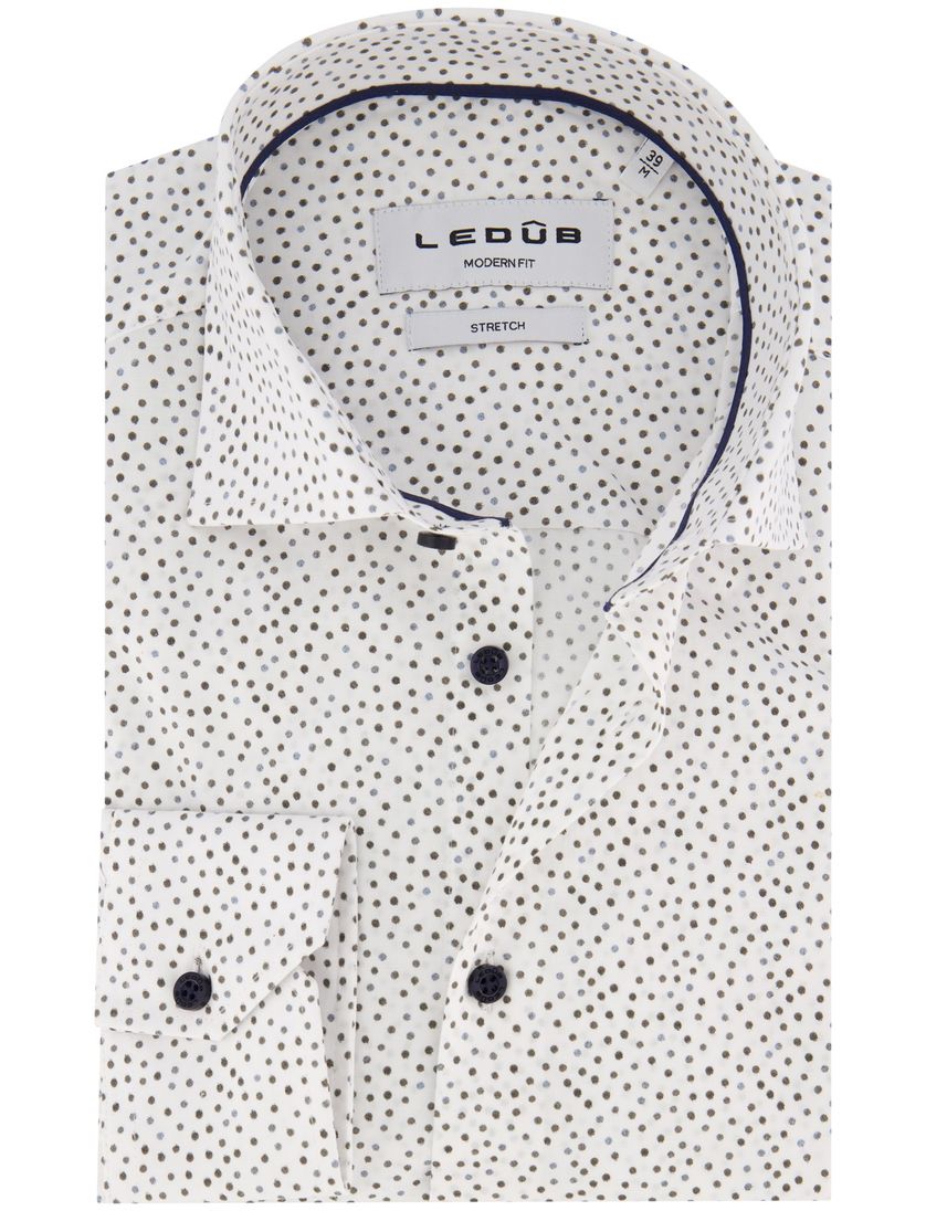 Ledub overhemd Modern Fit wit en bruin gestipt stretch