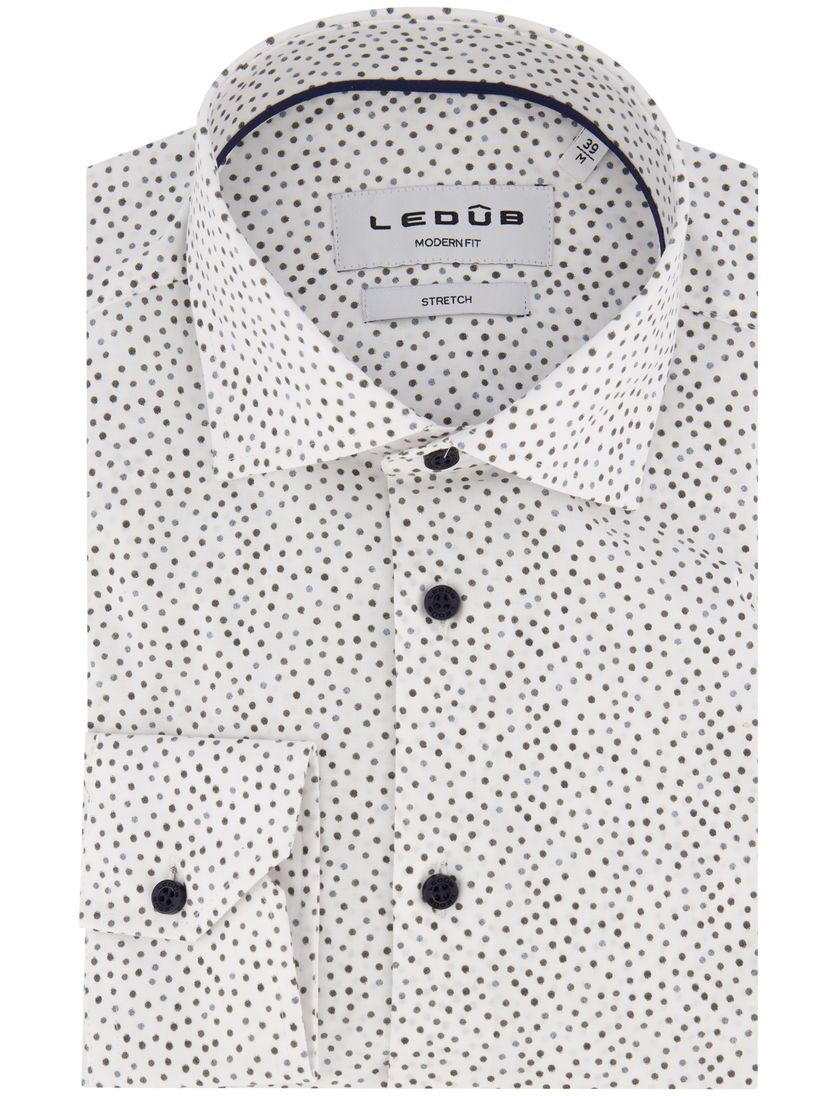 Ledub overhemd Modern Fit wit en bruin gestipt stretch