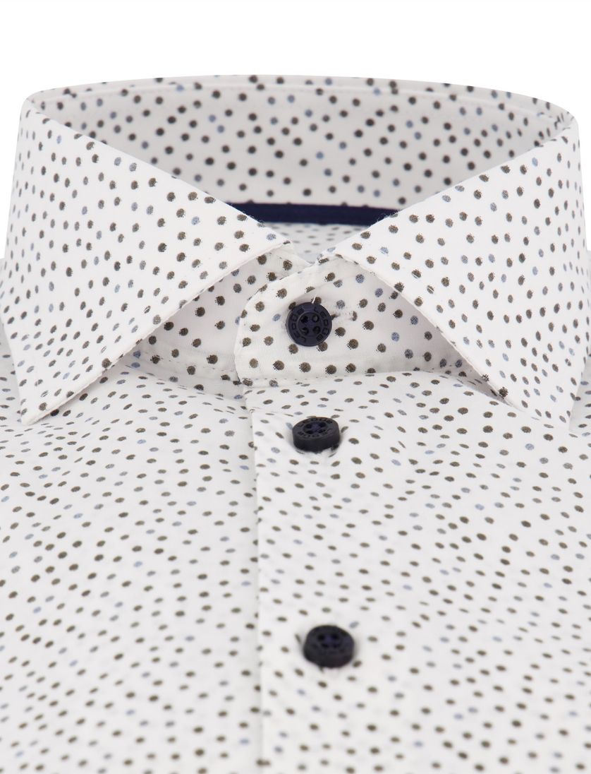 Ledub overhemd Modern Fit wit en bruin gestipt stretch