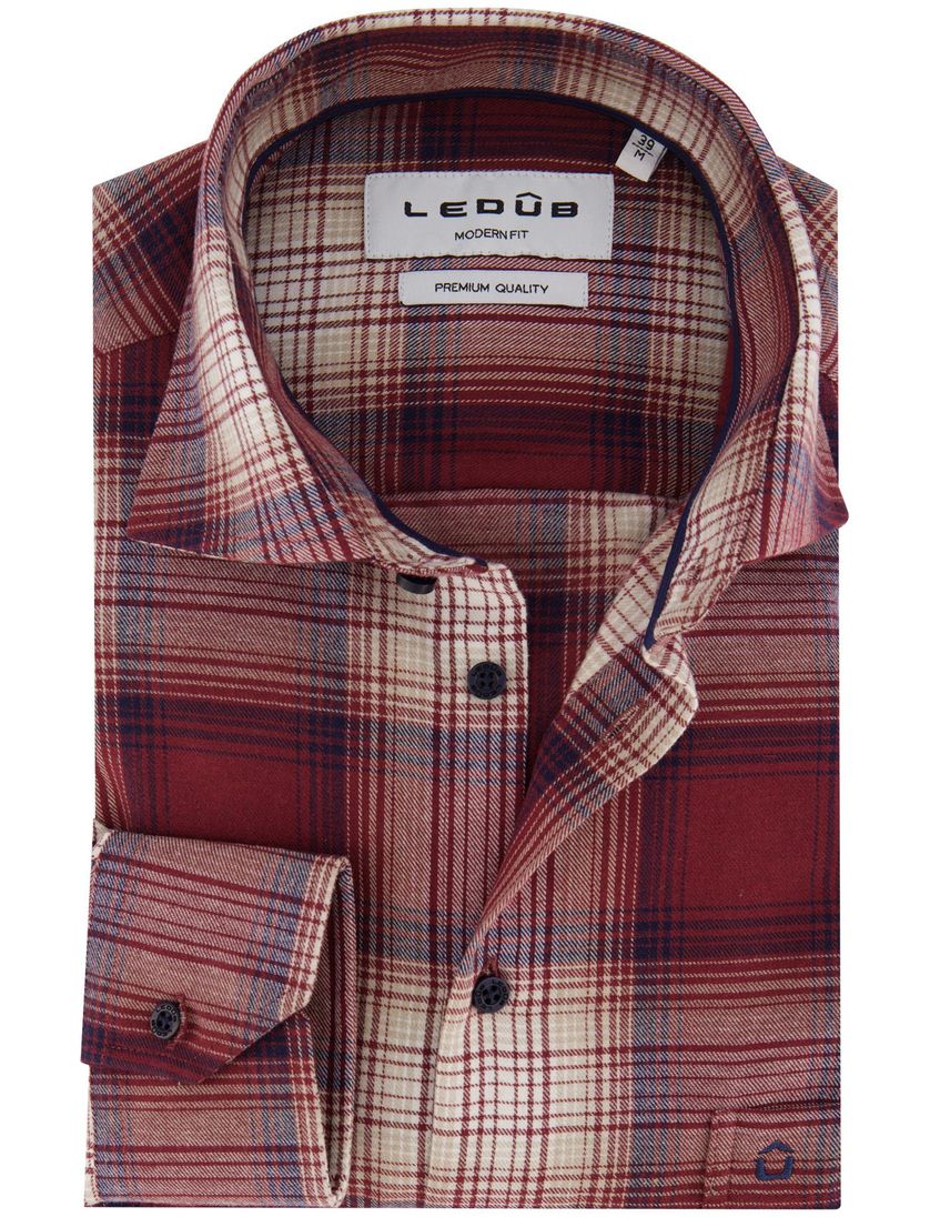 Ledub overhemd rood geruit Modern Fit flanel borstzak