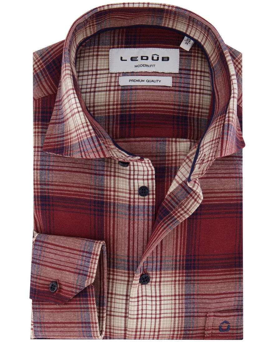 Ledub overhemd rood geruit Modern Fit flanel borstzak
